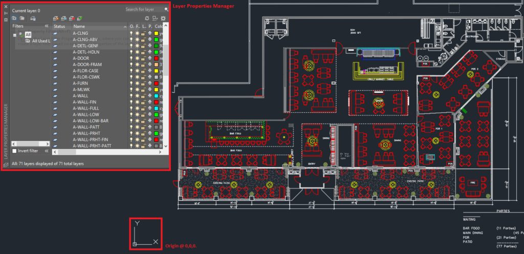 Figure 2: AutoCAD sample file with proper layering. Model located near the Origin (after layering).