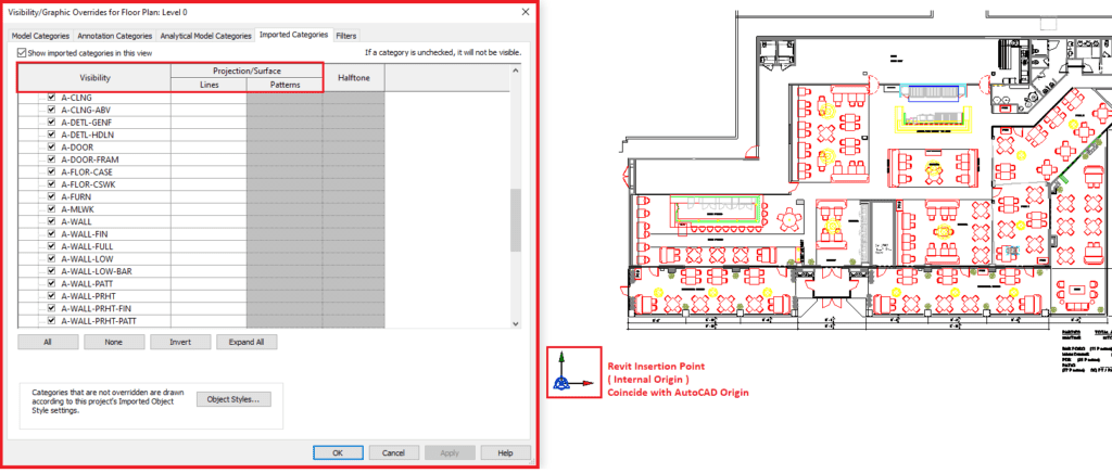 Figure 3: Revit Visibility Option and Internal Origin